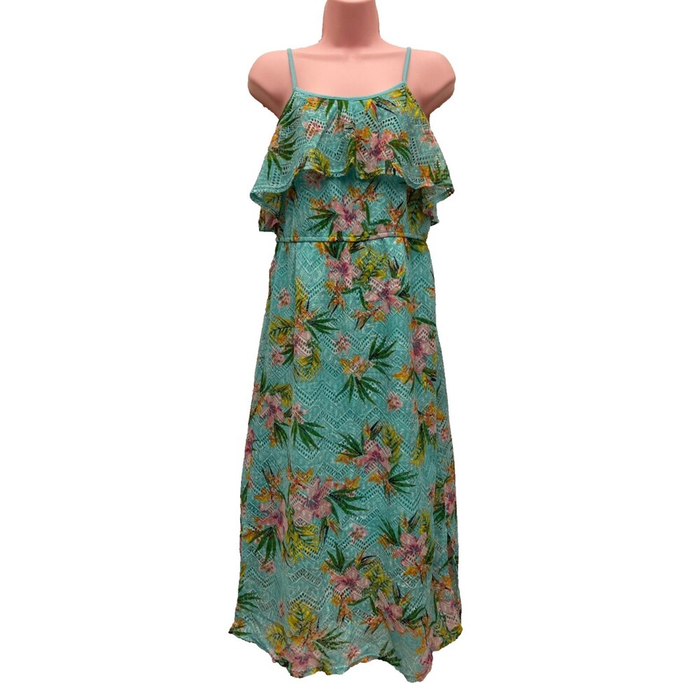Xhilararation Girl's blue floral lace ruffle split leg sleeveless maxi dress